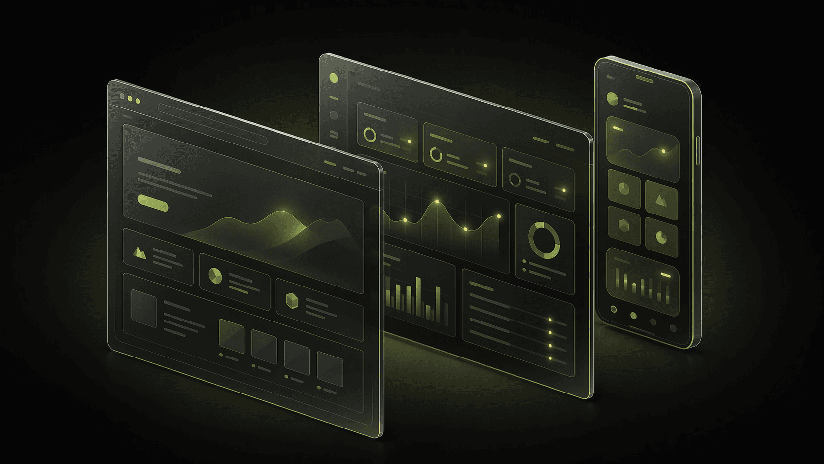 Three glass UI screens — website, dashboard, and mobile app — rendered in the GatorByte aesthetic